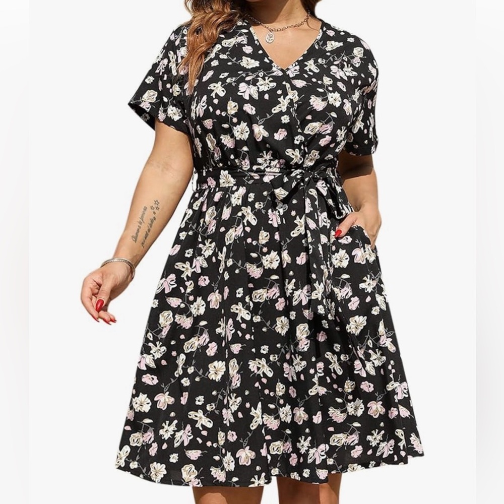 Nemidor Women’s Plus Size 20 Black Floral Midi Faux Wrap Dress